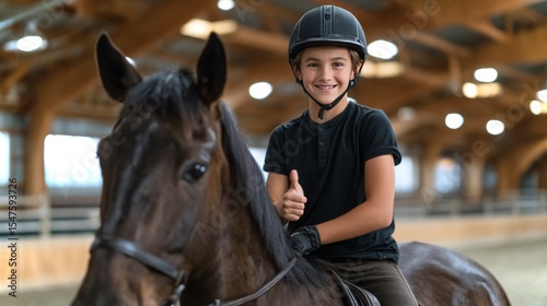 Latino boy confidently rides horse while giving thumbs up in riding arena