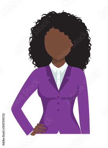 African American woman with voluminous curly hair. Stylish shirt and casual jacket. Stands confidently with one hand on her hip. Her pose suggests confidence, leadership, and modern professionalism.