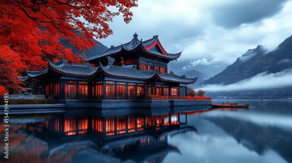 Obraz premium A traditional Asian pavilion by a calm lake, surrounded by red autumn foliage and misty mountains. The serene setting exudes peace and natural beauty.