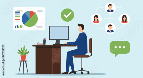  Business Analytics and Team Collaboration: Man Working at Computer with Data Charts, Networked Colleagues, and Communication Bubble for Project Management