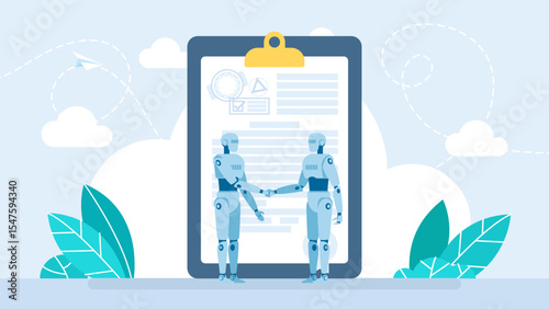 Two robots shaking hands. Handshake of two robots against the background of an agreement document. Cyber friendship. Agreement between a business and Artificial Intelligence. Vector illustration