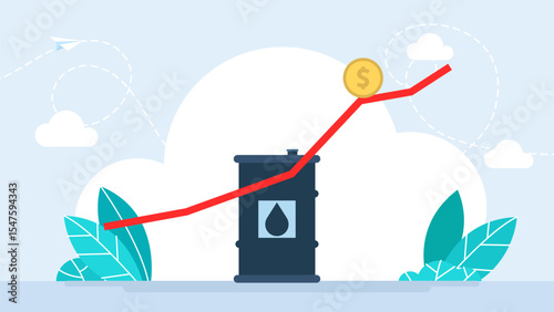 Graphic growth and oil barrel. Oil quotes are growing.  Crude oil price hike concept, oil barrels, graph. Raising prices chart, global economy, finance, stock market, commodity. Vector illustration