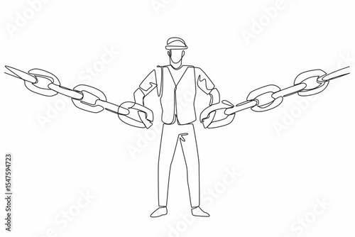 Single continuous line drawing man wearing project vest and helmet hooking chain with both hands. Symbolism. Connecting logistics needs. National Supply Chain Day. One line design vector illustration