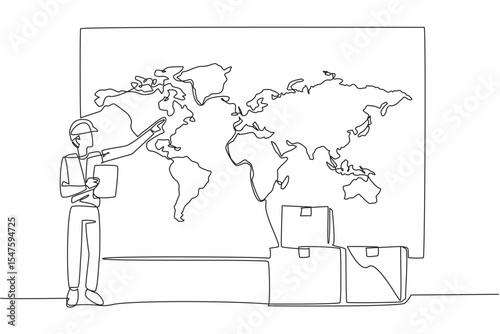 Single one line drawing man wearing project vest and helmet holding a clipboard. The queue of logistics to be exported abroad. National Supply Chain Day. Continuous line design graphic illustration