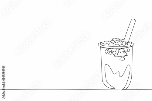 Single one line drawing bubble tea in a plastic cup with a large straw. Straw to sip the sweet boba. Delicious to the throat. National Bubble Tea Day. Continuous line design graphic illustration