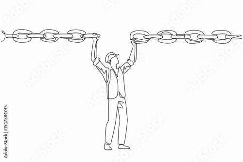 Continuous one line drawing man wearing project vest and helmet holds a broken chain above head. Ensure timely delivery. Effort. National Supply Chain Day. Single line draw design vector illustration