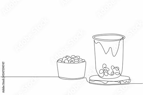 Continuous one line drawing bubble tea in a plastic cup on a wooden base with a small bowl filled with boba. Freshness in summer. National Bubble Tea Day. Single line draw design vector illustration