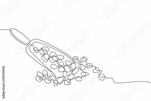 Single continuous line drawing raisins scattered and some in the wooden scoop. Good quality dried grapes. Delicious and refreshing to snack on. National Raisin Day. One line design vector illustration