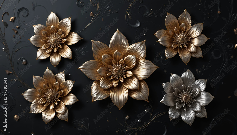 Fototapeta premium Closeup on a minimalist arrangement of black and gold flowers and leaves on a gray background