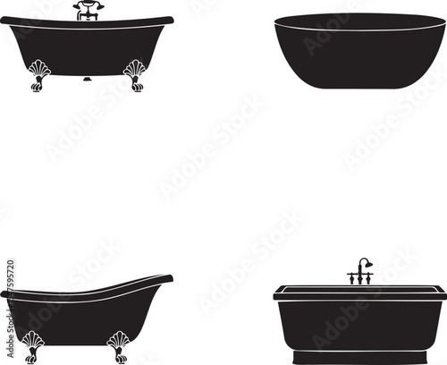 Bath tub silhouette set vector illustration isolated On Transparent Background