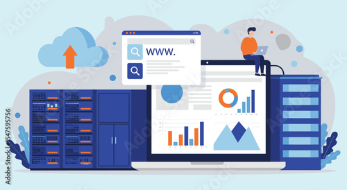 Cloud Computing and Data Center Management: Man Working on Laptop with Server Racks, Cloud Upload, and Web Analytics for Digital Storage Solutions