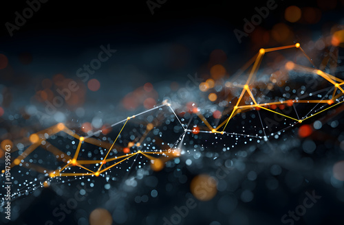 AI generated collage image of connected lines on cosmic dark blue background data network concept. Futuristic digital hi-tech technologies graphic art design for cyberspace, telecom and big data.
