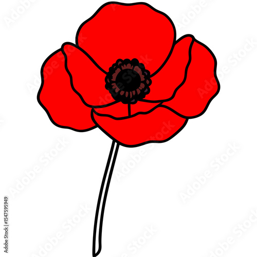 Photorealistic red poppy flower with delicate petals and stem