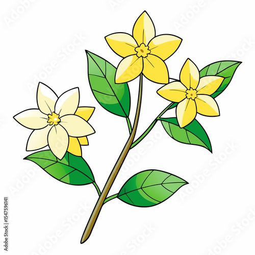 Lifelike vector illustration of a delicate yellow jasmine flower with detailed petals and leaves