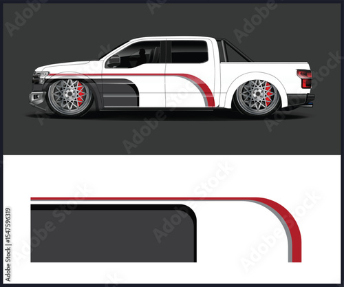 Custom white pickup truck with red racing stripes and lowered suspension on a dark background
