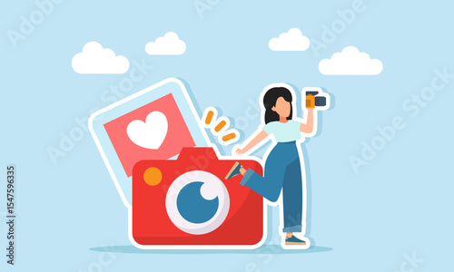 female photographer doing a photo session near a camera and a photo gallery with love icons illustration of a beauty vlogger for personal branding