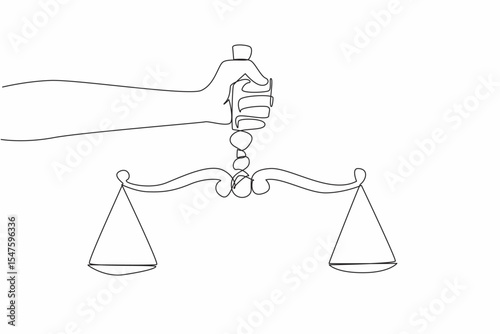 Single continuous line drawing human hand holding a scale. Symbolism. Uphold just laws. Create a sense of security for others. Equality before the law. Law Day. One line design vector illustration