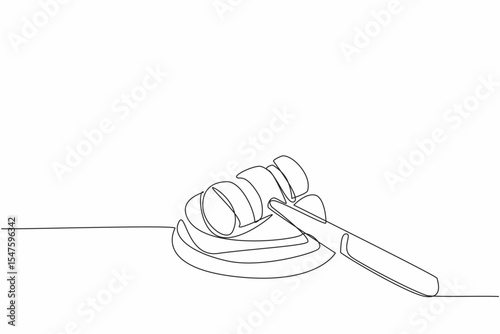 Single continuous line drawing judge gavel lying position on its wooden base. The gavel banging of the judge presiding over the trial of the case. Verdict. Law Day. One line design vector illustration