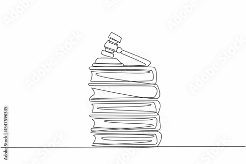 Single one line drawing judge gavel on top of 5 stacks of thick books. The case file is ready. The lawsuit will arrive at the right time. Verdict. Law Day. Continuous line design graphic illustration