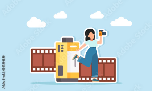 female photographer doing a photo shoot near a film camera illustration of a photo session for film production