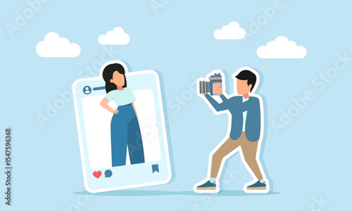 photographer doing a photo session with a woman inside a social media content frame illustration of social media content