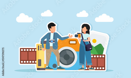 male and female photographers having a discussion near a camera film and photo gallery illustration of a sharing session about film production