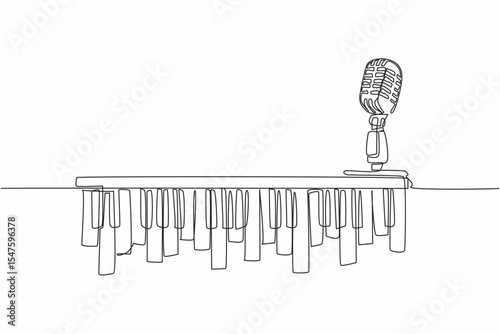 Single continuous line drawing piano keys and above it is a mic. An old school microphone that is very thick with jazz music. Performance. International Jazz Day. One line design vector illustration