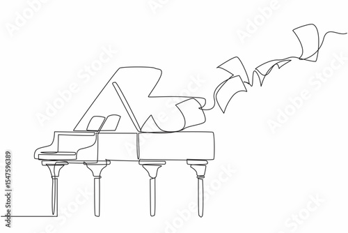 Continuous one line drawing a grand piano on top of which there are flying sheets of paper. The musical performance is over. Fest. International Jazz Day. Single line draw design vector illustration
