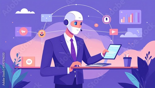 AI Customer Service: Robot Agent Assisting Clients Online - Vector Illustration