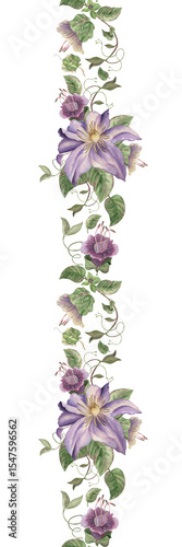 Seamless border with intertwining purple, lilac flowers and plants. Clematis, bluebells, cobwebs, leaves, vines, swirls, hand-painted in watercolor in a botanical style. For greeting cards, wedding