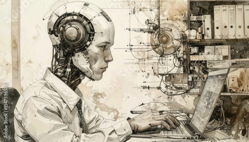 Human-Robot Collaboration: Engineer Working with AI on Laptop - Vintage Style