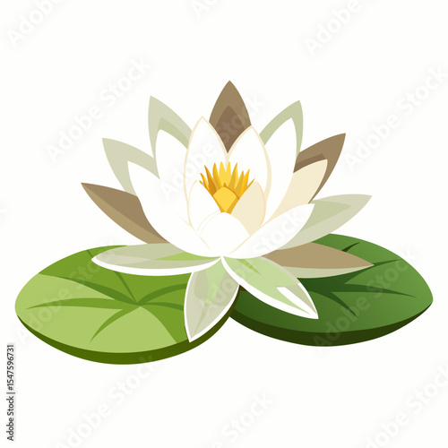 Lifelike vector illustration of a delicate white water lily with green leaves