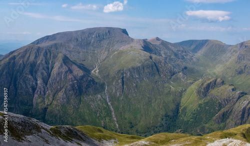 View of Ben Nevis, the highest mountain in Scotland, and Carn Mhor Dearg arete from Glen Nevis