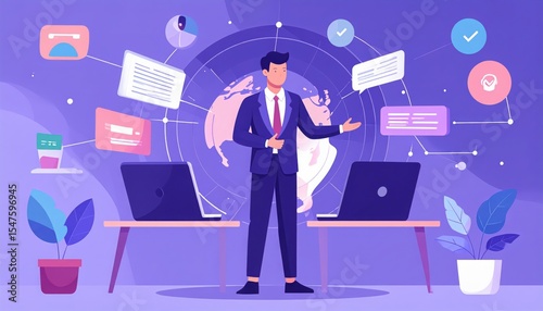 Global Business Communication: Businessman with Laptops and World Map