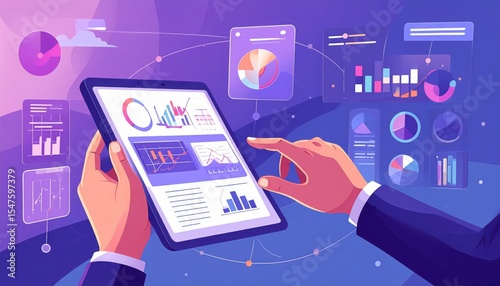 Hands Analyzing Data on Tablet with Dynamic Charts & Graphs