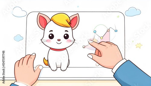 Cute Cartoon Cat Analyzing Charts on Tablet - Educational Illustration