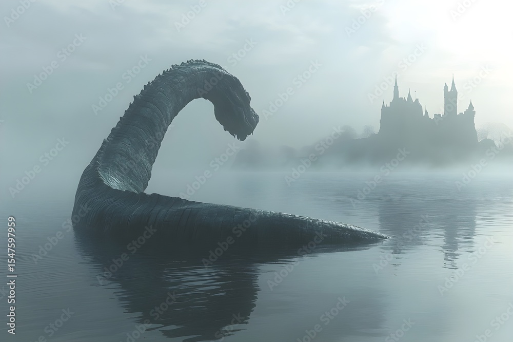 Fototapeta premium A large serpentine creature emerged from the calm, misty surface of the lake. Its long, curved neck, its jagged back breaking the water in an elegant arc, shimmering in the pale light of dawn