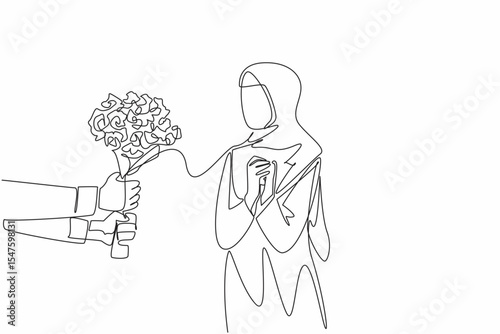 Continuous one line drawing Arabian woman clasps hands in front of chest when given bouquet of flowers. Surprise from a loved one. Couple Appreciation Day. Single line draw design vector illustration