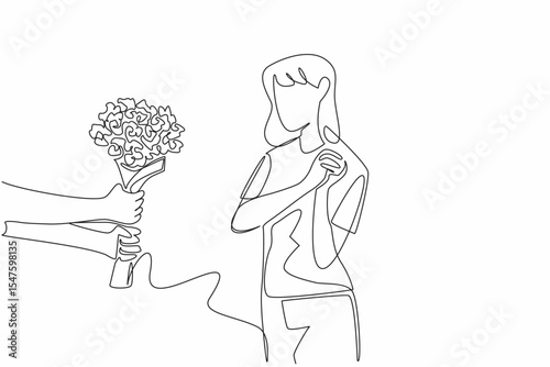Single continuous line drawing woman clasps her hands in front of her chest when given a bouquet of flowers. Touched by small attentions. Couple Appreciation Day. One line design vector illustration