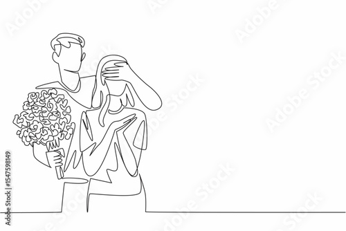 Single one line drawing husband stands behind his wife and covers her eyes with hands. Priceless appreciation. The beloved wife. Couple Appreciation Day. Continuous line design graphic illustration