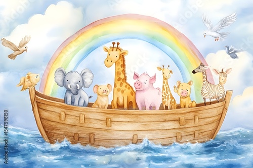 Watercolor painting of noah's ark with lion, giraffe, elephant, zebra, dove and pig, with rainbow behind the boat, clouds and sunlight in the sky, blue water