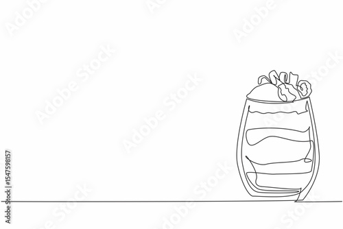 Single continuous line drawing chocolate parfait with various layers in glass. Sweet taste in the mouth. More refreshing in summer. National Chocolate Parfait Day. One line design vector illustration