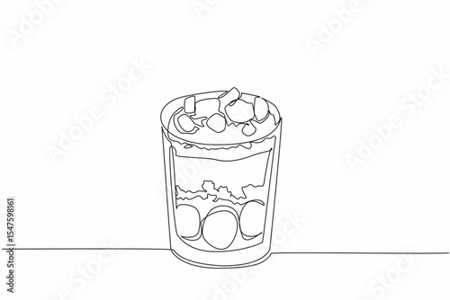 Single one line drawing chocolate parfait with cream and chocolate layer on top. Drink with full chocolate flavor. Tasty. National Chocolate Parfait Day. Continuous line design graphic illustration