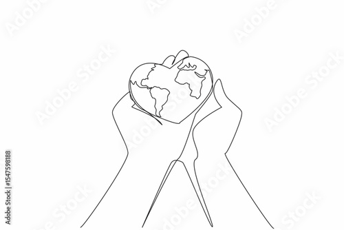 Single continuous line drawing 2 palms hold a heart shaped globe. Loving and careful treatment to keep the earth safe. Go green. Eco friendly. Global Love Day. One line design vector illustration