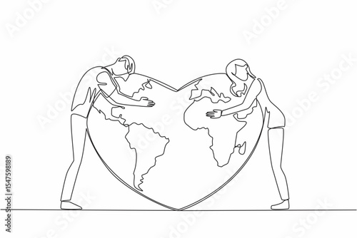 Continuous one line drawing a man and a woman stand and hug a heart shaped globe. Guarding with passion. For the sake of mother earth. Global Love Day. Single line draw design vector illustration