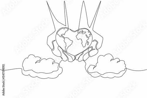 Single one line drawing heart shaped globe on 2 open palms. Taking care of the beloved earth with pleasure. Maintaining the ecosystem. Global Love Day. Continuous line design graphic illustration