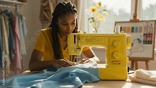 Young woman sewing blue fabric on a yellow sewing machine in a bright, creative workspace