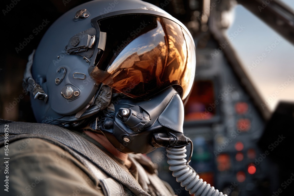 Fototapeta premium A jet fighter pilot's helmet dominates the frame