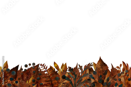 Horizontal frame with colourful yellow, orange, and brown autumn leaves, blue berries, branches. Watercolor illustration. For design of invitations, certificates, postcards, posters, flyers