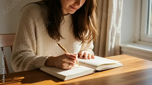 Young woman writing in a notebook by a sunlit window, creating a cozy atmosphere at home